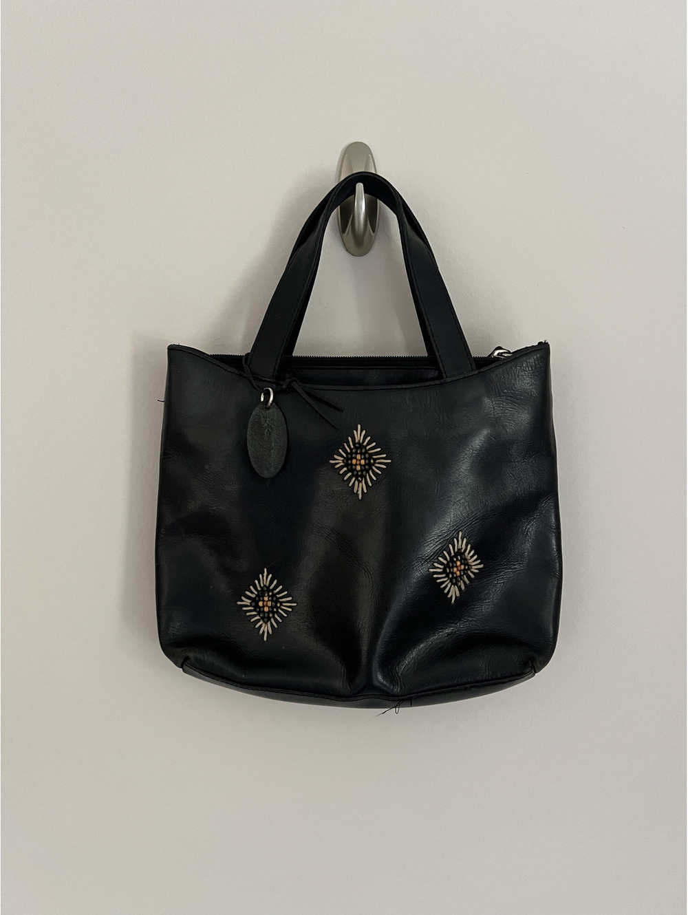 Vintage Rolfs Black Genuine Leather Handbag w Diamond Beaded Detail
